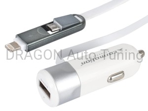Ładowarka samochodowa 3.4A z gniazdem USB i przewodem z wtyczkami microUSB i Lightning